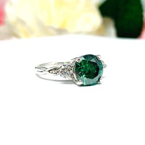 Emerald Green Moissanite 3 Stone Ring - Round authentic stones - Sterling silver twist milgrain band
