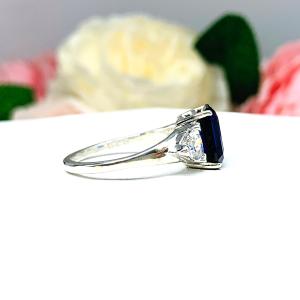 Lab Blue Sapphire Emerald Cut Trillion CZ Ring