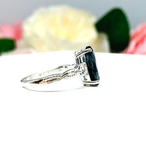 London Blue Topaz Marquise Ring - Moissanite side stones - Sterling silver twist milgrain band
