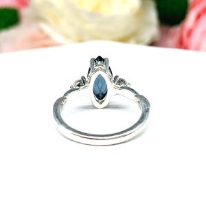 London Blue Topaz Marquise Ring - Moissanite side stones - Sterling silver twist milgrain band