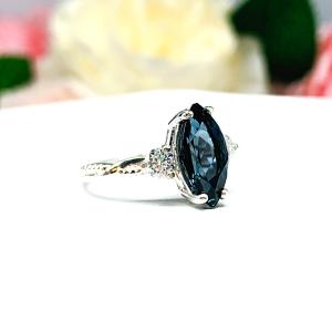 London Blue Topaz Marquise Ring - Moissanite side stones - Sterling silver twist milgrain band