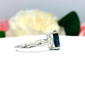 London Blue Topaz Pear Ring - Round moissanite side stones - Sterling silver twist milgrain band