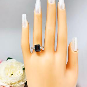 Emerald Cut London Blue Topaz Ring - Moissanite side stones - Sterling Silver twist milgrain band