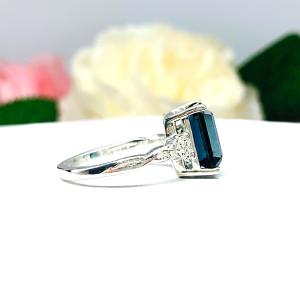 Emerald Cut London Blue Topaz Ring - Moissanite side stones - Sterling Silver twist milgrain band