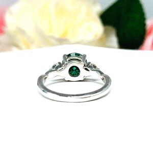 Emerald Green Moissanite 3 Stone Ring - Round authentic stones - Sterling silver twist milgrain band