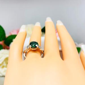 Emerald Green Moissanite 3 Stone Ring - Round authentic stones - Sterling silver twist milgrain band