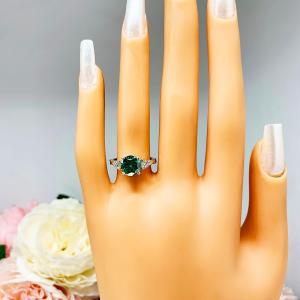 Emerald Green Moissanite 3 Stone Ring - Round authentic stones - Sterling silver twist milgrain band