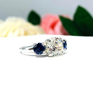 Round CZ Lab Blue Sapphire 3 Stone Engagement Ring Tulip Design