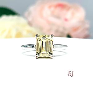 Light Yellow Emerald Cut CZ Cathedral Engagement Ring