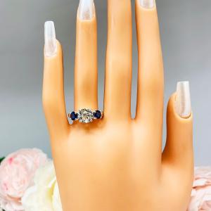 Round CZ Lab Blue Sapphire 3 Stone Engagement Ring Tulip Design