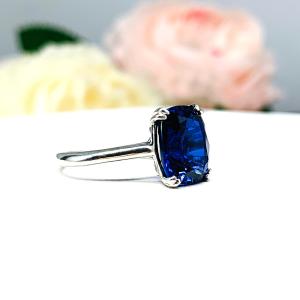 Lab Blue Sapphire 10x8mm Elongated Cushion Ring