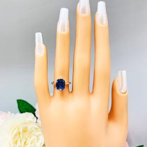 Lab Blue Sapphire 10x8mm Elongated Cushion Ring