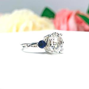 Natural White Topaz Oval Iolite 3 Stone Ring - Sterling silver setting