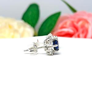 Round Lab Blue Sapphire CZ Stud Earrings Halo Cluster