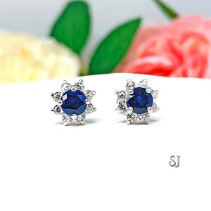 Round Lab Blue Sapphire CZ Stud Earrings Halo Cluster