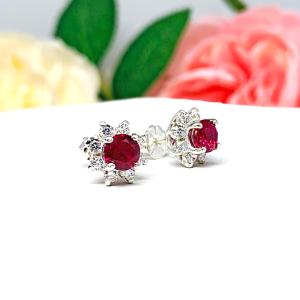 Round Lab Ruby CZ Halo Stud Earrings Sterling Silver