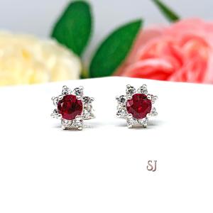 Round Lab Ruby CZ Halo Stud Earrings Sterling Silver