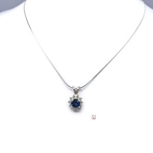 Lab Blue Sapphire CZ Halo Pendant Sterling Silver Necklace Round Sapphire Cubic Zirconia Accents