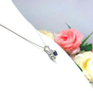 Lab Blue Sapphire CZ Halo Pendant Sterling Silver Necklace Round Sapphire Cubic Zirconia Accents