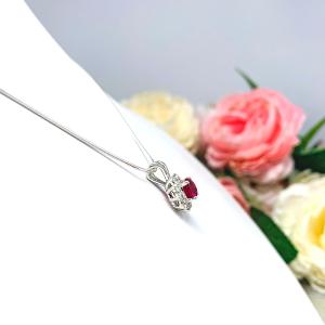 Lab Ruby CZ Halo Pendant Sterling Silver Necklace Round Ruby Cubic Zirconia Accents