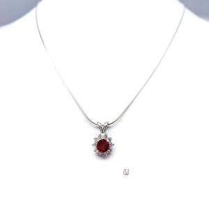 Lab Ruby CZ Halo Pendant Sterling Silver Necklace Round Ruby Cubic Zirconia Accents