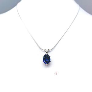 Lab Blue Sapphire Oval Pendant Sterling Silver Necklace Six Prong September Birthstone