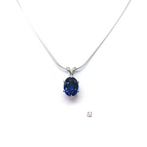 Lab Blue Sapphire Oval Pendant Sterling Silver Necklace Six Prong September Birthstone