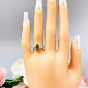Green Tourmaline Marquise Ring Size 6 - Moissanite side stones - Twist milgrain sterling silver setting