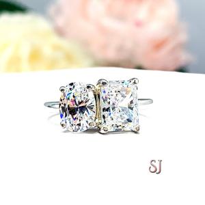 Oval Radiant CZ 2 Stone Engagement Ring You and Me Toi Et Moi