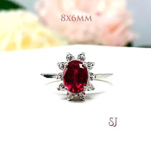 Lab Ruby 9x7mm Oval CZ Halo Sterling Silver Ring Size 7
