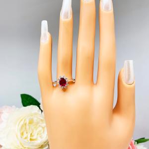 Lab Ruby 9x7mm Oval CZ Halo Sterling Silver Ring Size 7