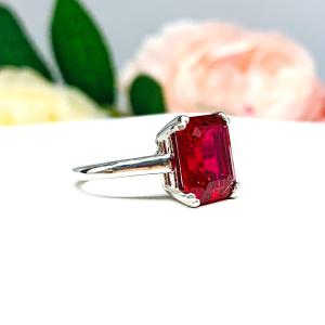 Lab Created Ruby Emerald Cut Ring Sterling Silver Double Prong
