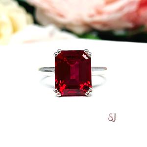 Lab Created Ruby Emerald Cut Ring Sterling Silver Double Prong