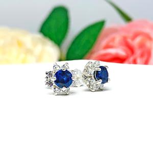 Round Lab Blue Sapphire CZ Stud Earrings Halo Cluster