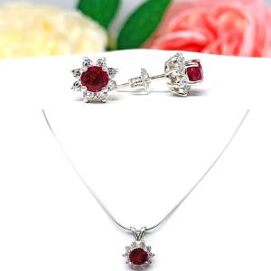 Round Lab Ruby CZ Halo Stud Earrings Sterling Silver