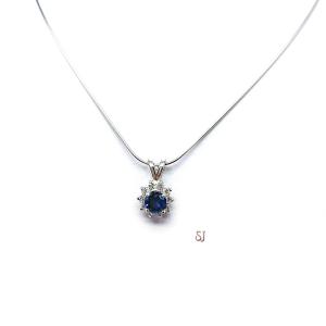 Lab Blue Sapphire CZ Halo Pendant Sterling Silver Necklace Round Sapphire Cubic Zirconia Accents