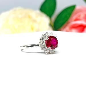 Round Lab Created Ruby CZ Halo Ring Sterling Silver