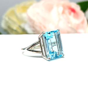 Sky Blue Topaz Emerald Cut Solitaire Ring Size 8 - Genuine 14x10mm (8 cts) gemstone - Sterling Silver split shank statement setting