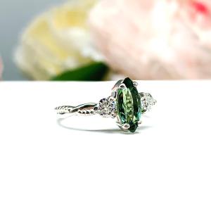 Green Tourmaline Marquise Ring Size 6 - Moissanite side stones - Twist milgrain sterling silver setting
