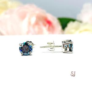 London Blue Moissanite Stud Earrings - Round authentic moissanite - Sterling silver settings