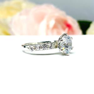 Round CZ Sterling Silver Pave Engagement Ring 6 Prong Tulip Design Optional Matching Band