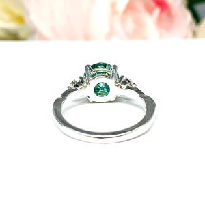 Green Moissanite 3 Stone Sterling Silver Ring - Milgrain twist band
