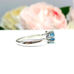 Genuine Swiss Blue Topaz Solitaire Ring - 6mm round gemstone - 6 prong sterling silver bypass setting
