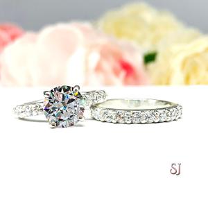 Round CZ Sterling Silver Pave Engagement Ring Optional Matching Band