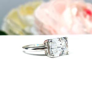Elongated Asscher CZ Engagement Ring East West Horizontal 10x8mm Near Colorless CZ Size 6