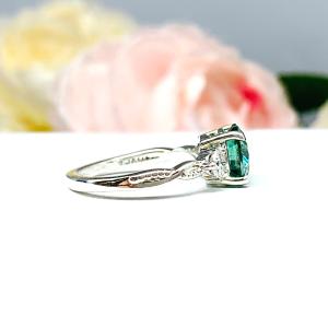 Green Moissanite 3 Stone Sterling Silver Ring - Milgrain twist band