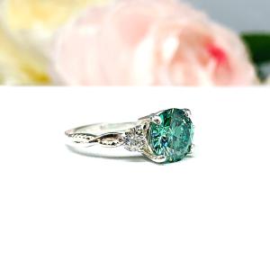 Green Moissanite 3 Stone Sterling Silver Ring - Milgrain twist band