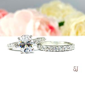 Oval CZ Pave Sterling Silver Engagement Ring Optional Matching Band