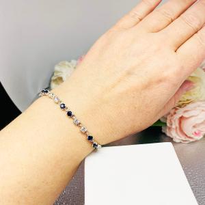 Lab Blue Sapphire CZ Sterling Silver Bracelet 4mm Round 7.5" Lobster Clasp