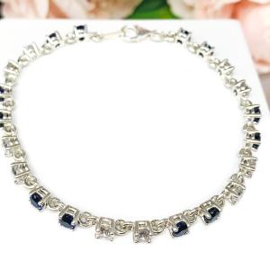 Lab Blue Sapphire CZ Sterling Silver Bracelet 4mm Round 7.5" Lobster Clasp